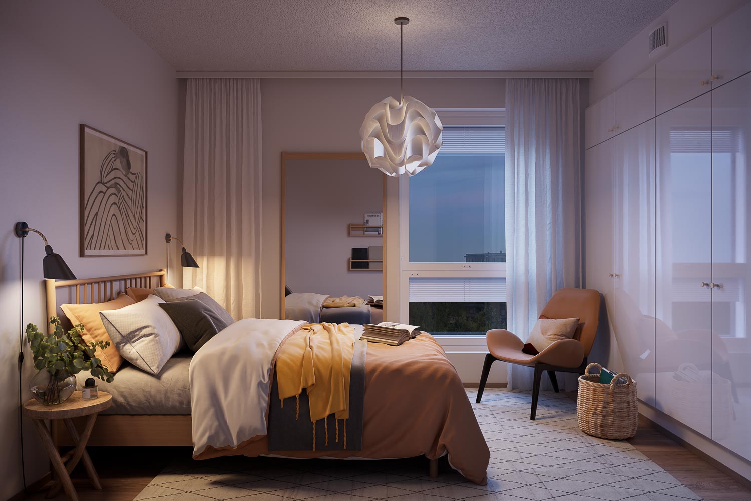 3D-visualisointi makuuhuoneesta iltavalaistuksessa