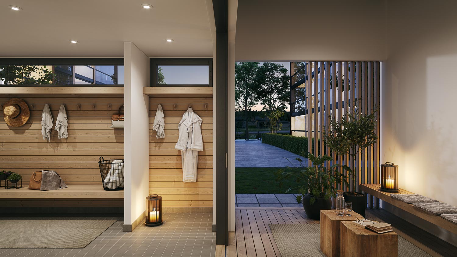 3D-visualisointi taloyhtiön yhteistilasta, sauna