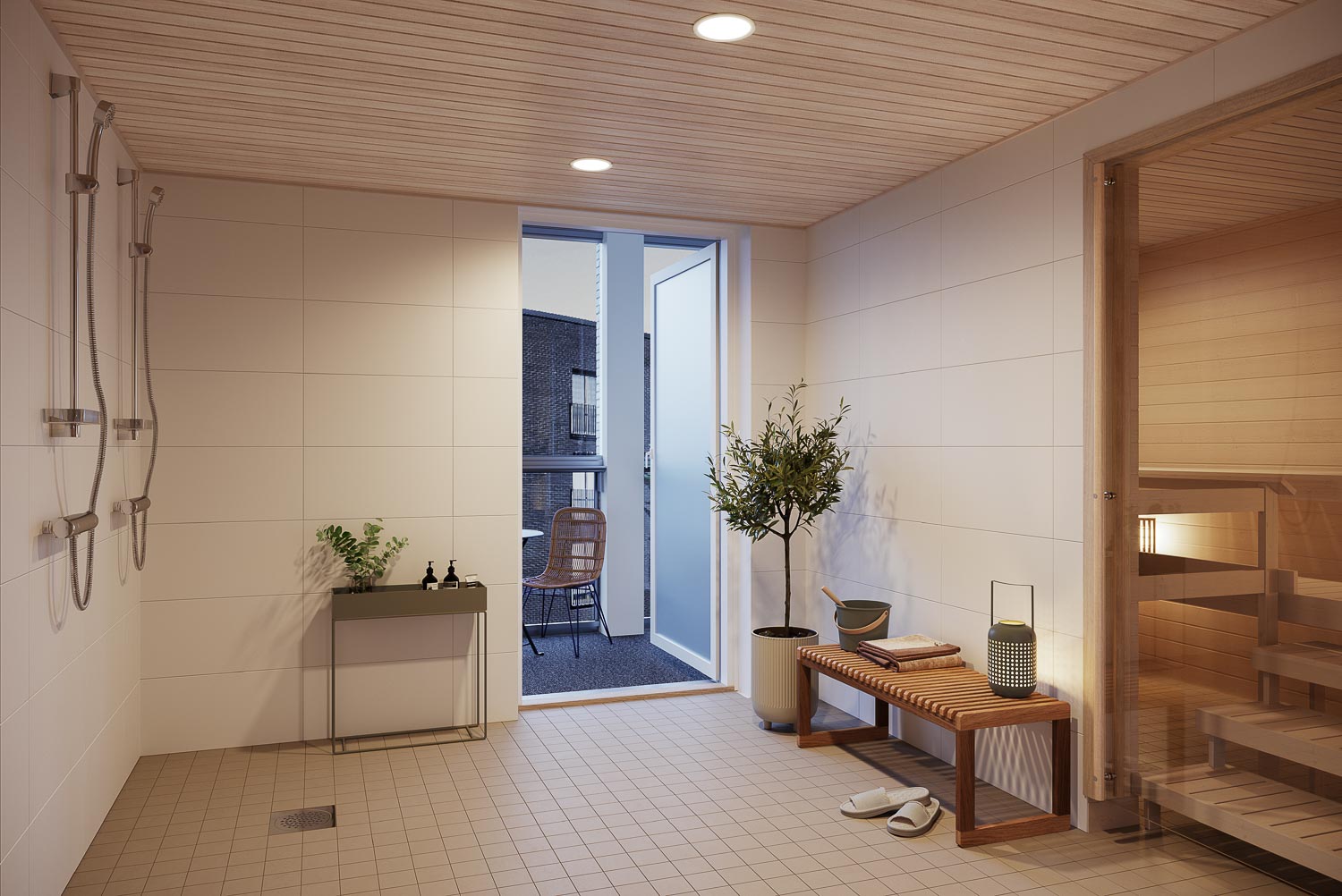 3D-visualisointi taloyhtiön yhteistilasta, sauna